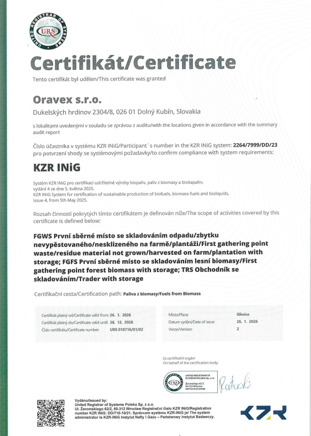 Certifikát KZR INiG spoločnosti ORAVEX s.r.o.